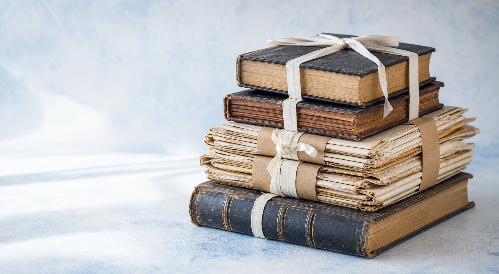 Prepared sefarim and paper bundles tied for respectful genizah
